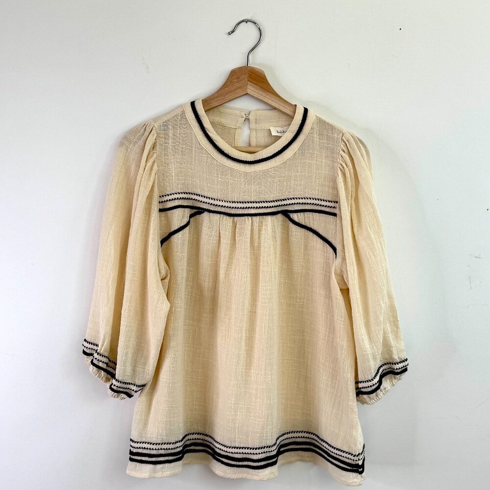 Bohme See & Be Seen Cream Gauze Cotton Boho Peasant Blouse Black Trim XS